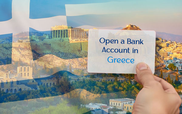 A person holding up a sign that says open a bank account in Greece