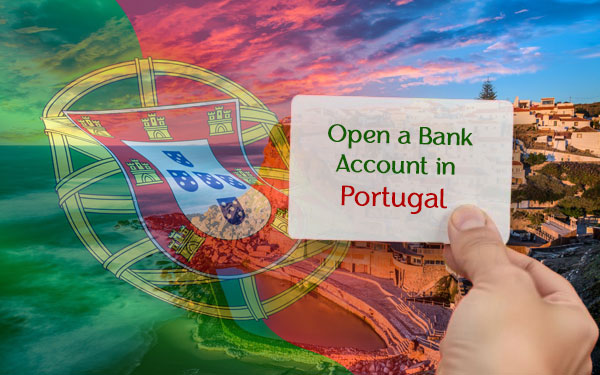 A person holding up a sign that says open a bank account in Portugal