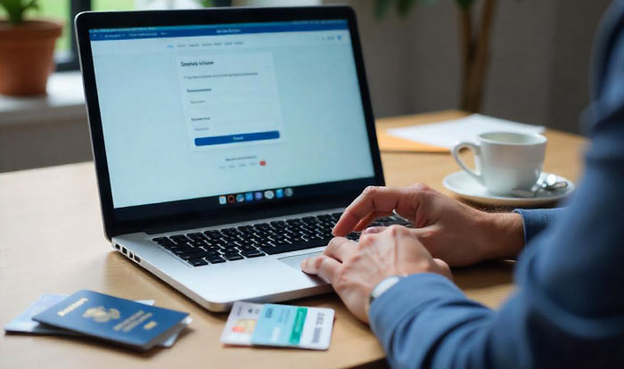 A person completes online forms for a corporate bank account, with required documents readily available