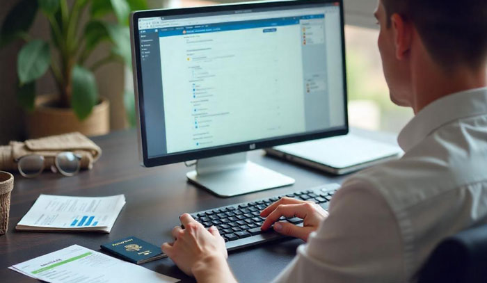 A person completes online forms for a per bank account, with required documents readily available